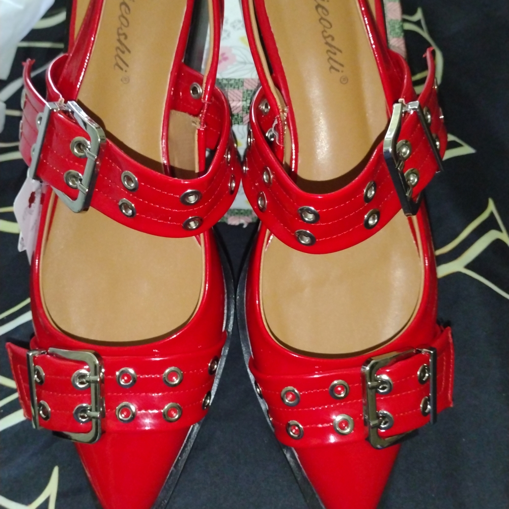 Chic Red Buckled Flats for Women - Picture 7 of 17